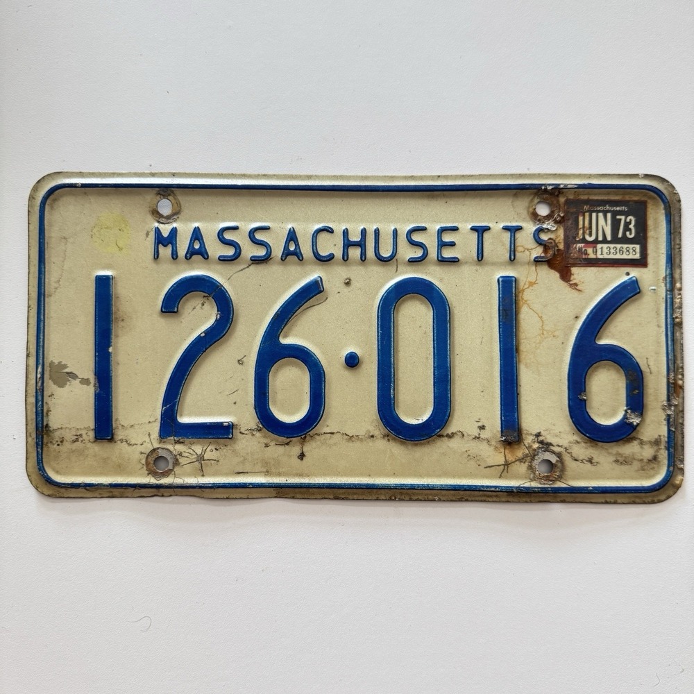 Vintage 73 MASS White Blue Rear‎  License Plate # 126-016 Massachusetts Auto Tag